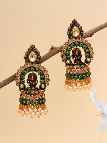 Karatcart Gold Plated Green Mata Laxmi Jhumki Earrings for Women