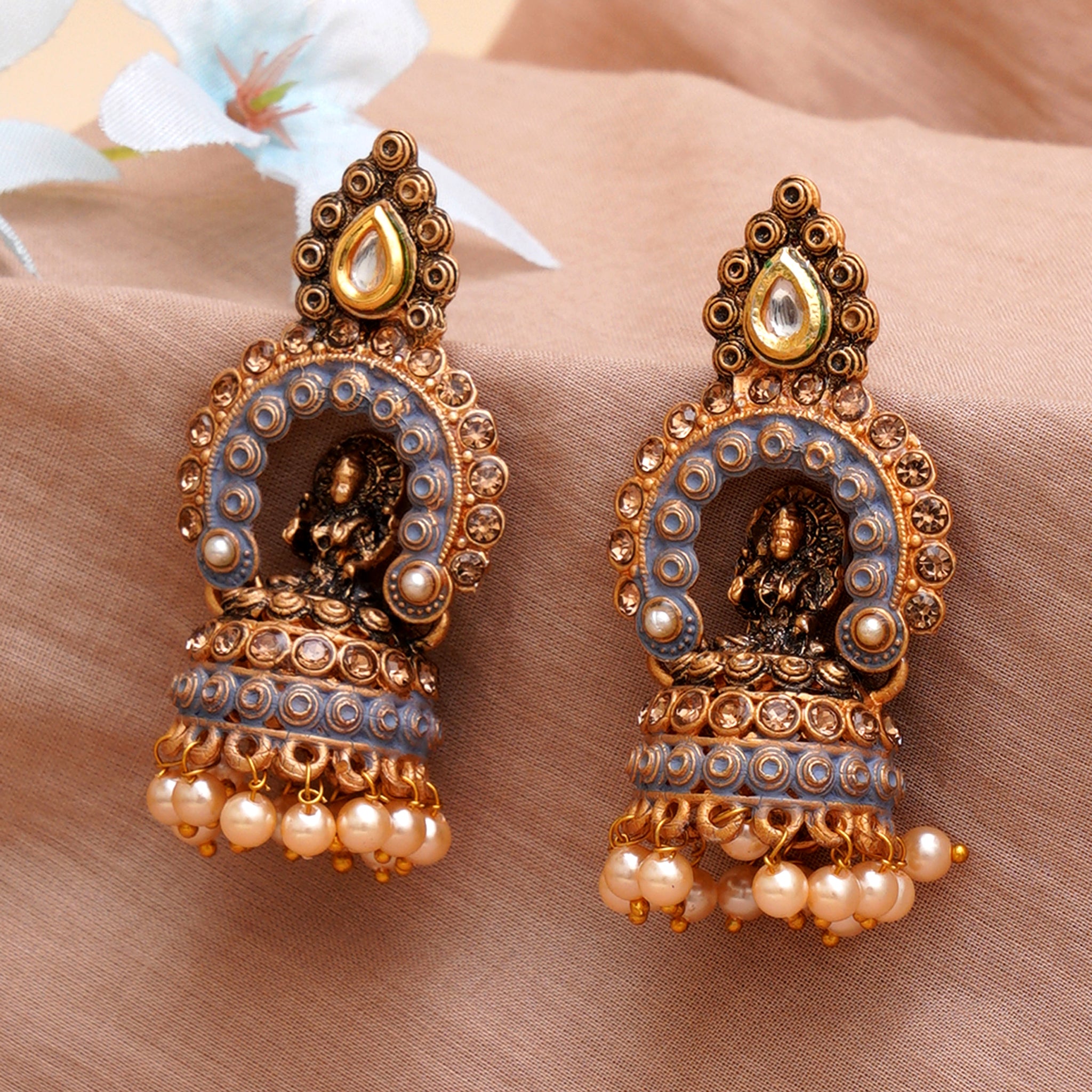 Karatcart Gold Plated Grey Mata Laxmi Jhumki Earrings for Women
