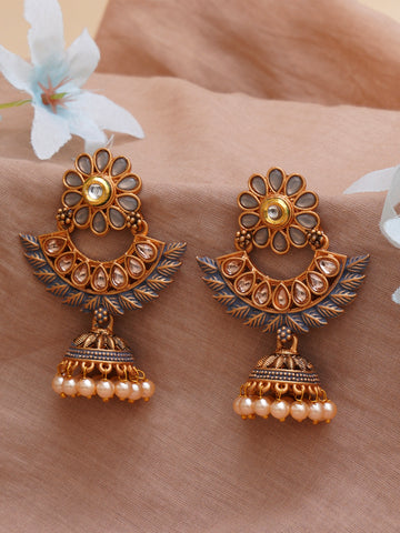 Karatcart Gold Plated Grey Meena Floral Design Jhumki Earrings for Women