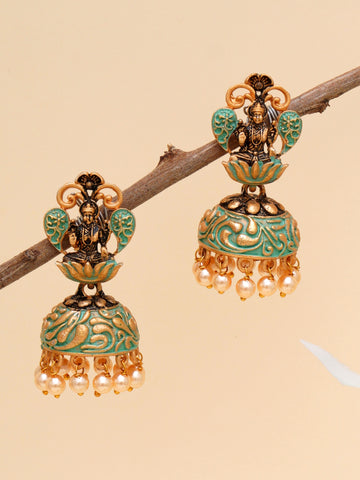 Karatcart Gold Plated Green Meena Mata Laxmi Jhumki Earrings for Women