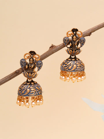 Karatcart Gold Plated Grey Meena Mata Laxmi Jhumki Earrings for Women