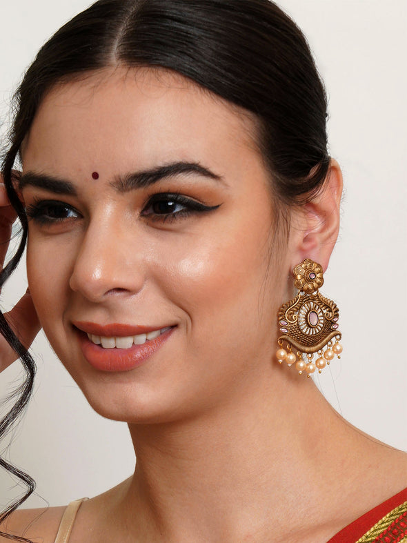 Karatcart Gold Plated Handcrafted Pink Stone Studded Dangler Earrings for Women