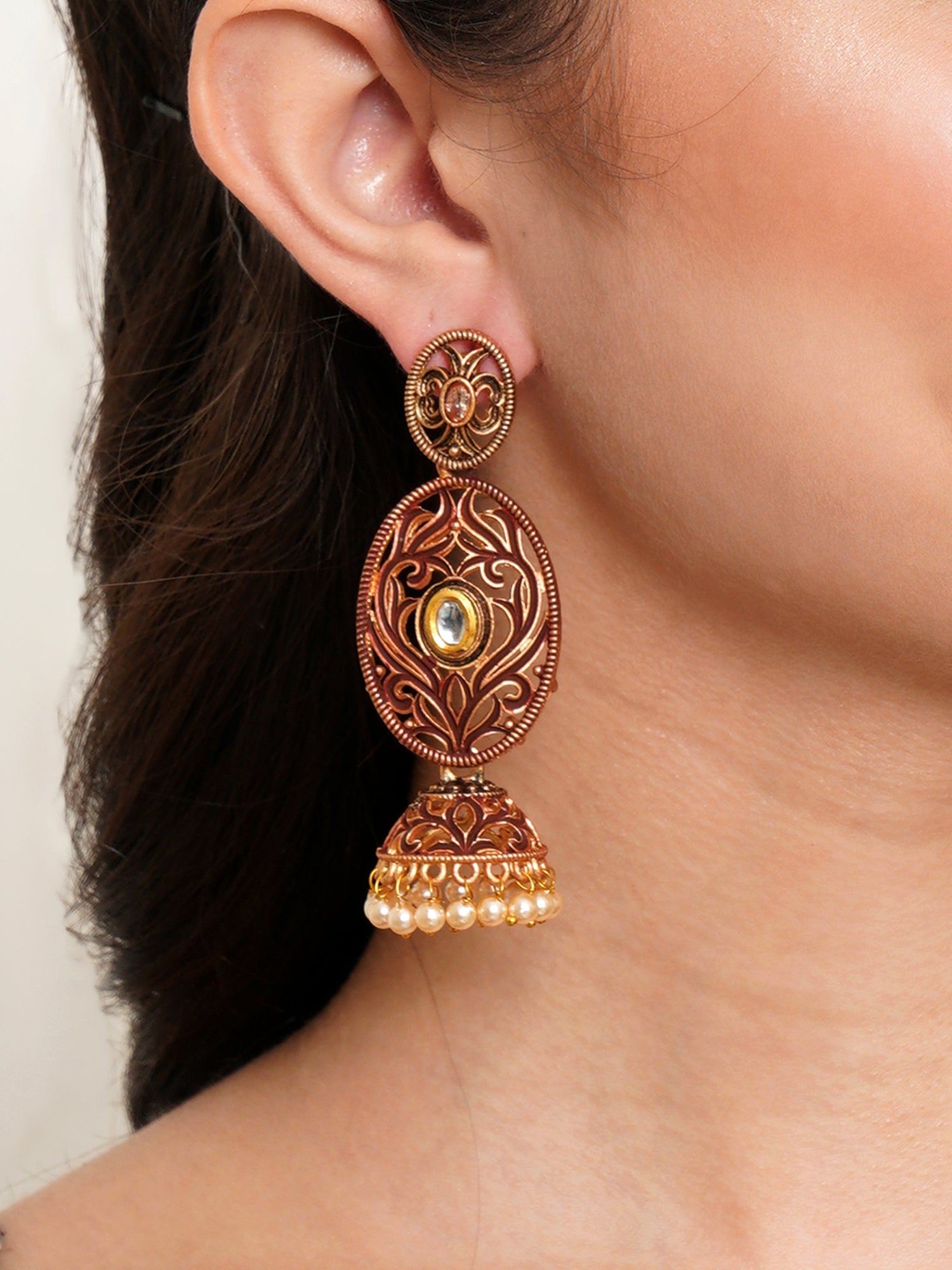 Karatcart Gold Plated Maroon Meena Dangler Jhumki Earrings for Women