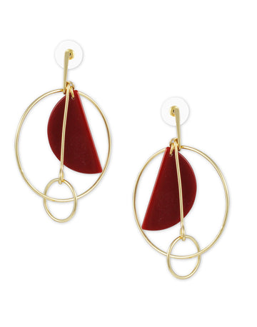 Metal Gold Red Stone Geometrical Earrings