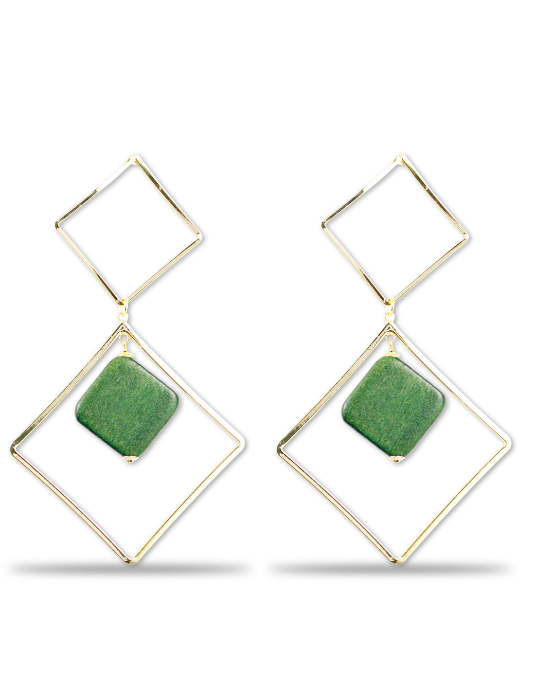 Gold Metal Mate Green Geometrical Crystal Earrings