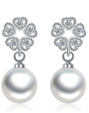 Platinum Plated Austrian Crystal White Pearl Drop Earrings