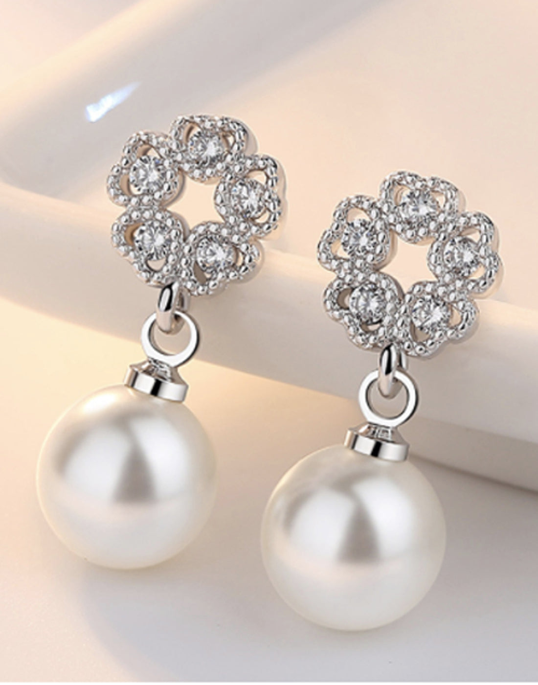 Platinum Plated Austrian Crystal White Pearl Drop Earrings