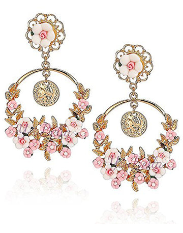 GoldPlated White and Pink Flower Shape Resin Fancy Party Wear Earrings