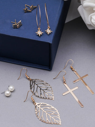 Set of 6 Gold Plated Cross Shape Earrings for Women