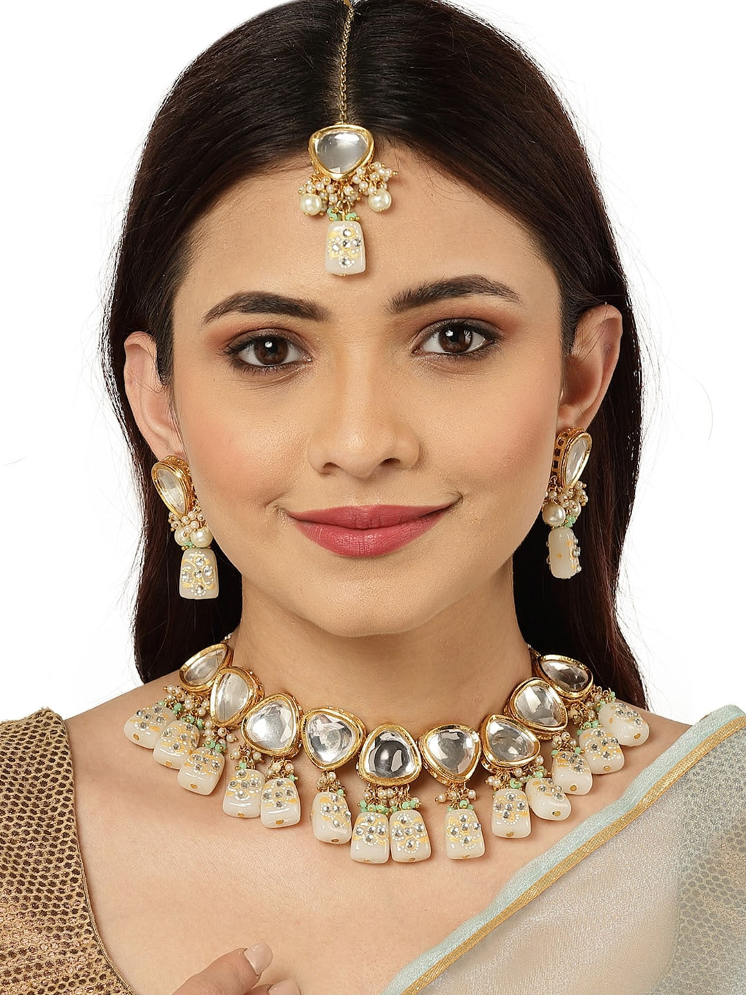 Gold-Plated White Kundan-Studded Beaded Jewellery Set