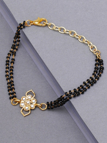 Women Gold Plated Black Kundan Gold-Plated Charm Mangalsutra Bracelet