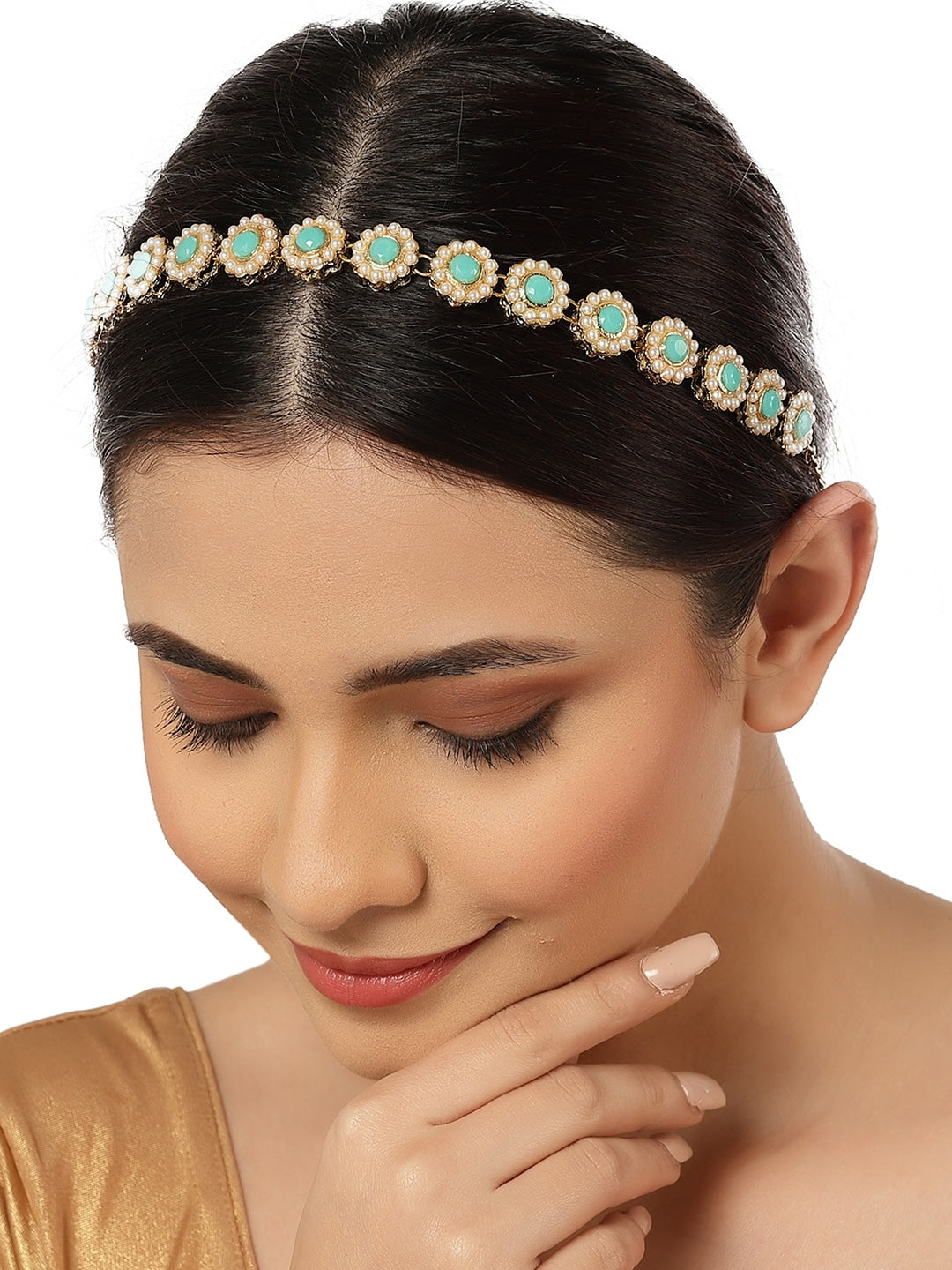 Gold Plated Light Blue Sun Flower Design Kundan Hairband