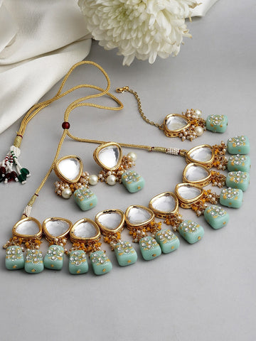 Gold-Plated White Kundan Polki Studded Beaded Jewellery Set