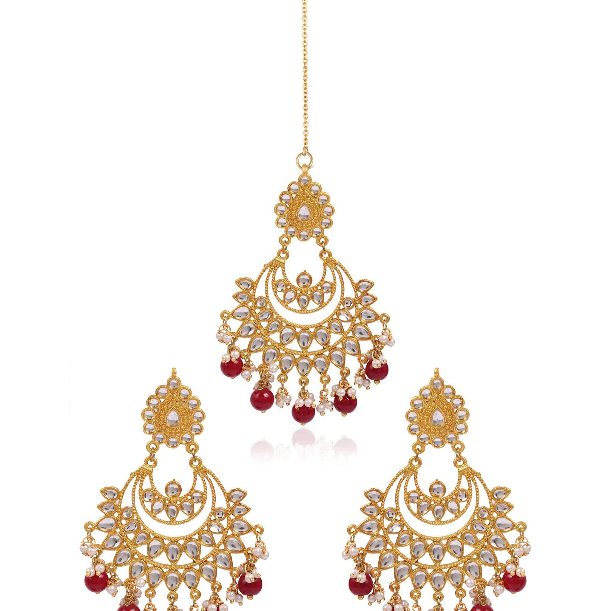 Karatcart Red Beads and Kundan Chandbali Earrings with Maangtikka