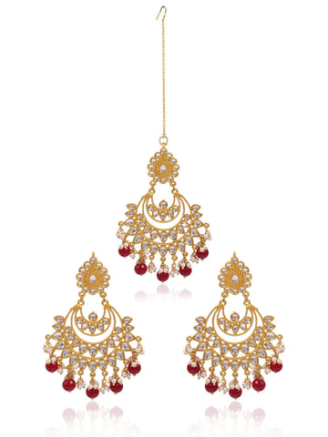 Karatcart Red Beads and Kundan Chandbali Earrings with Maangtikka