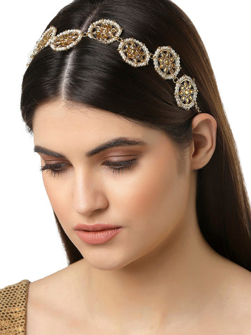 Women Gold-Toned & White Handcrafted Gold Plated Floral Kundan-Studded Hairband