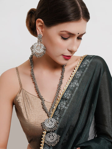 Oxidised Silver-Plated White Kundan-Studded Beaded Jewellery Set