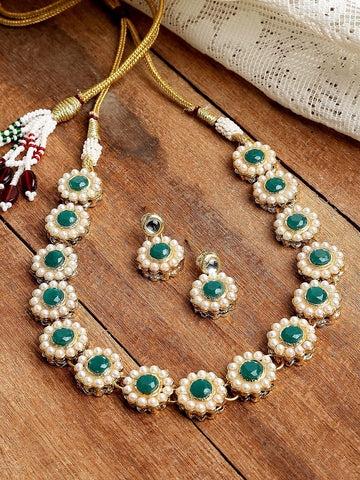 Gold-Plated Green & White Kundan-Studded & Pearl Beaded Handcrafted Jewellery Set