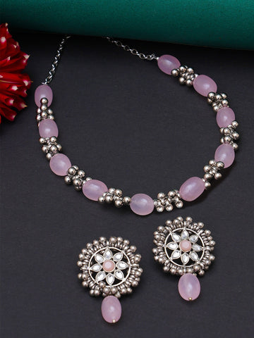 Women Silver-Plated & Pink Kundan-Studded Oxidized Choker Jewellery Set