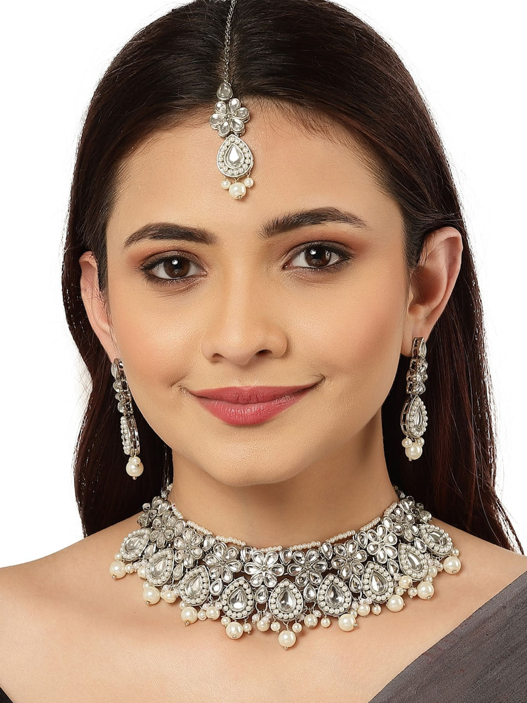 Karatcart Oxidised Silver Pearl Beads Studded Kundan Choker Necklace Set