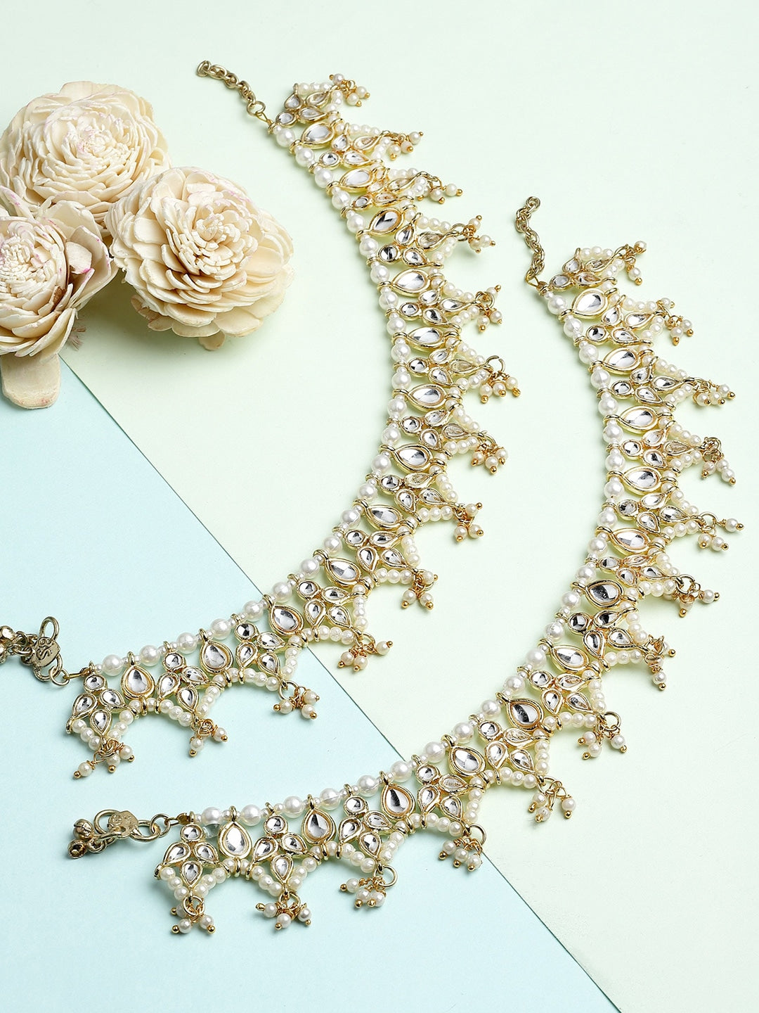 Set Of 2 Gold-Plated & Kundan-Studded Anklets