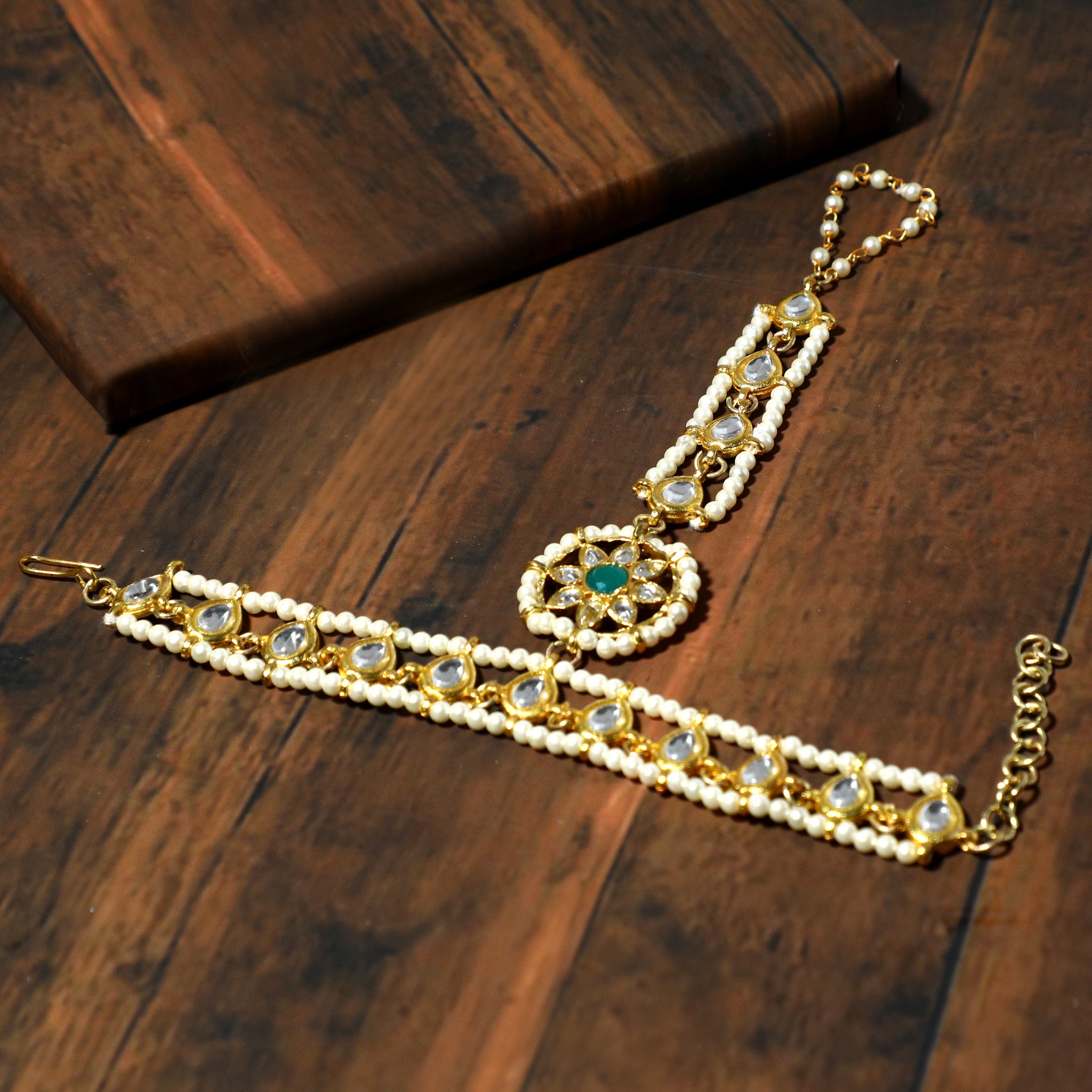 Gold-Plated Pearl Beads Kundan Chain Hathphool with Green Stone