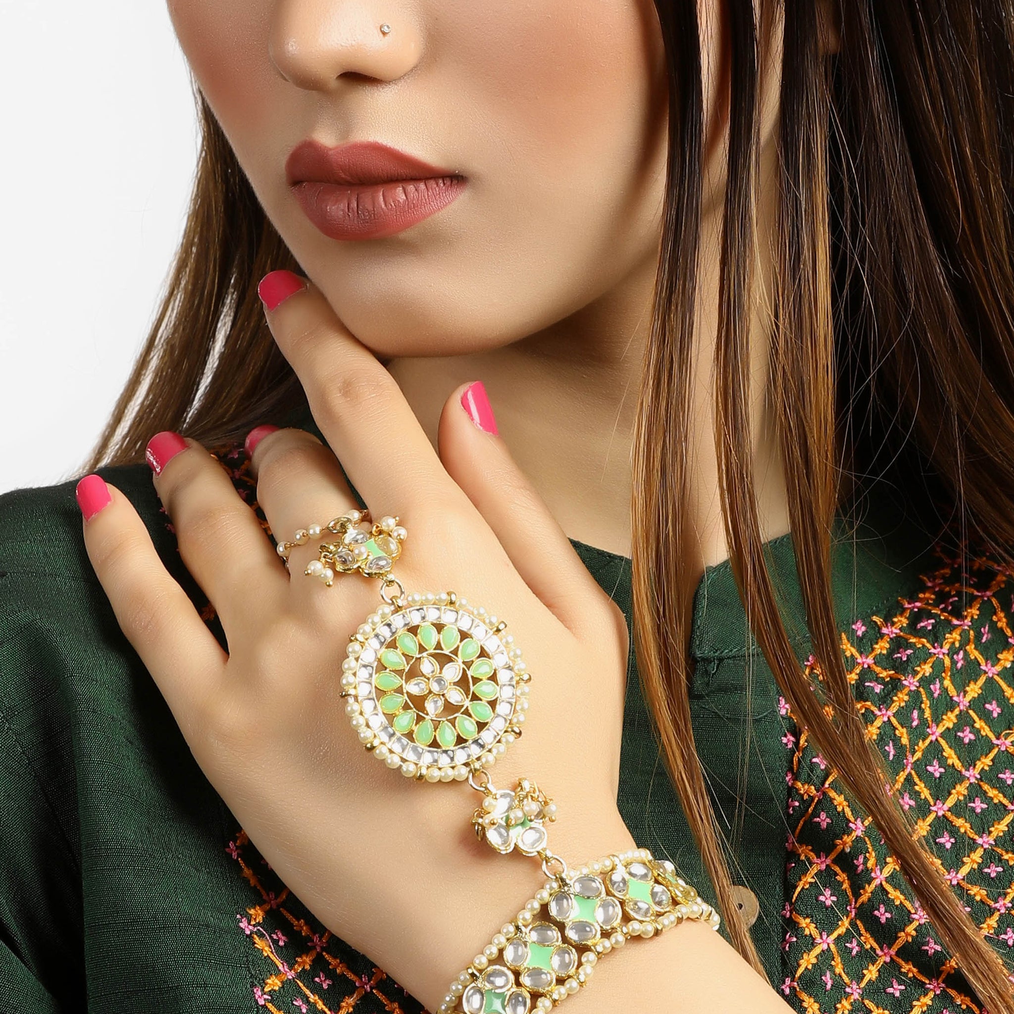 Gold Plated Lime Green Meena Work Kundan Hathphool