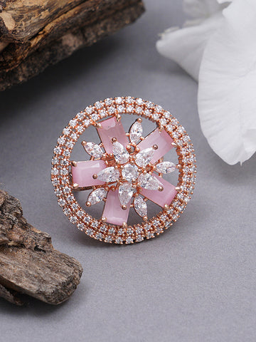 Pink American Diamond Studded Floral Adjustable Ring for Women