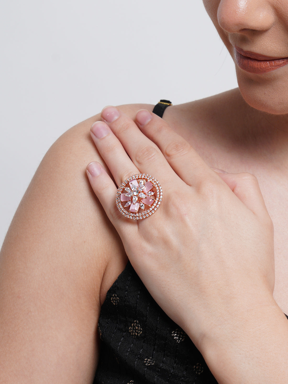 Pink American Diamond Studded Floral Adjustable Ring for Women