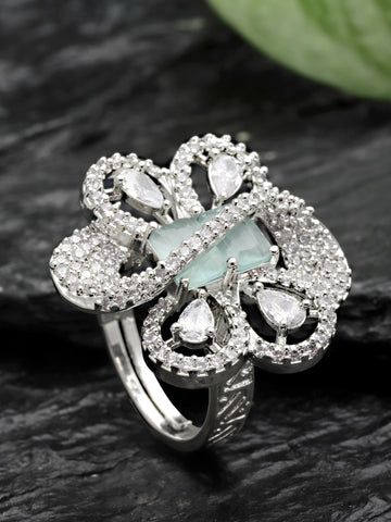 Karatcart Light Green Cubic Zirconia Studded Silver Tone Adjustable Ring for Women