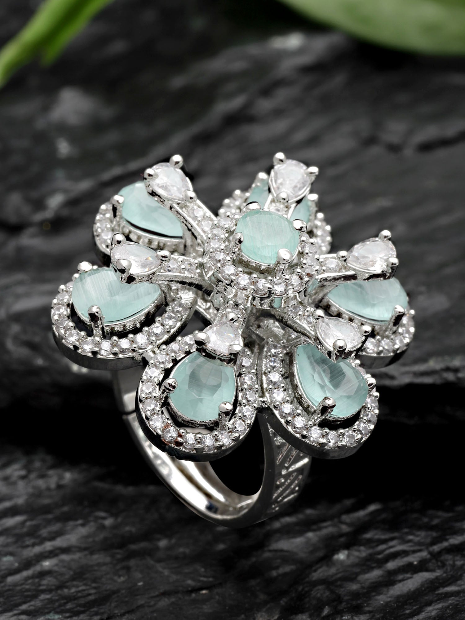Karatcart Light Green Cubic Zirconia Studded Silver Tone Adjustable Ring for Women