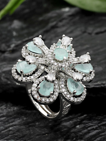 Karatcart Light Green Cubic Zirconia Studded Silver Tone Adjustable Ring for Women