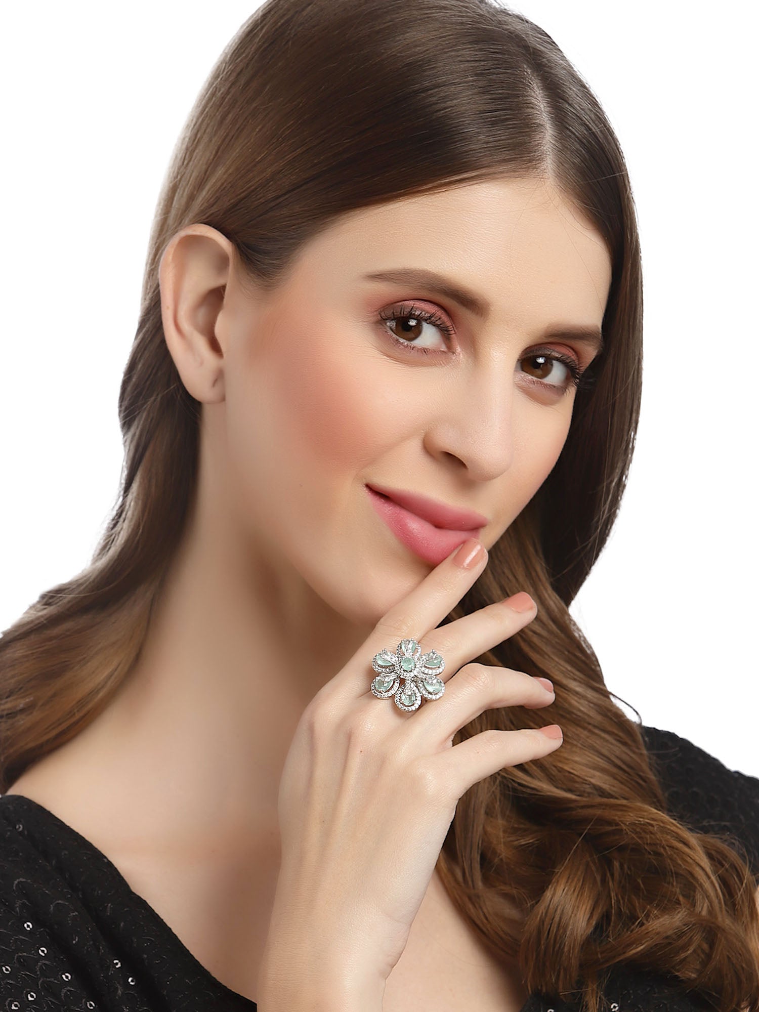 Karatcart Light Green Cubic Zirconia Studded Silver Tone Adjustable Ri