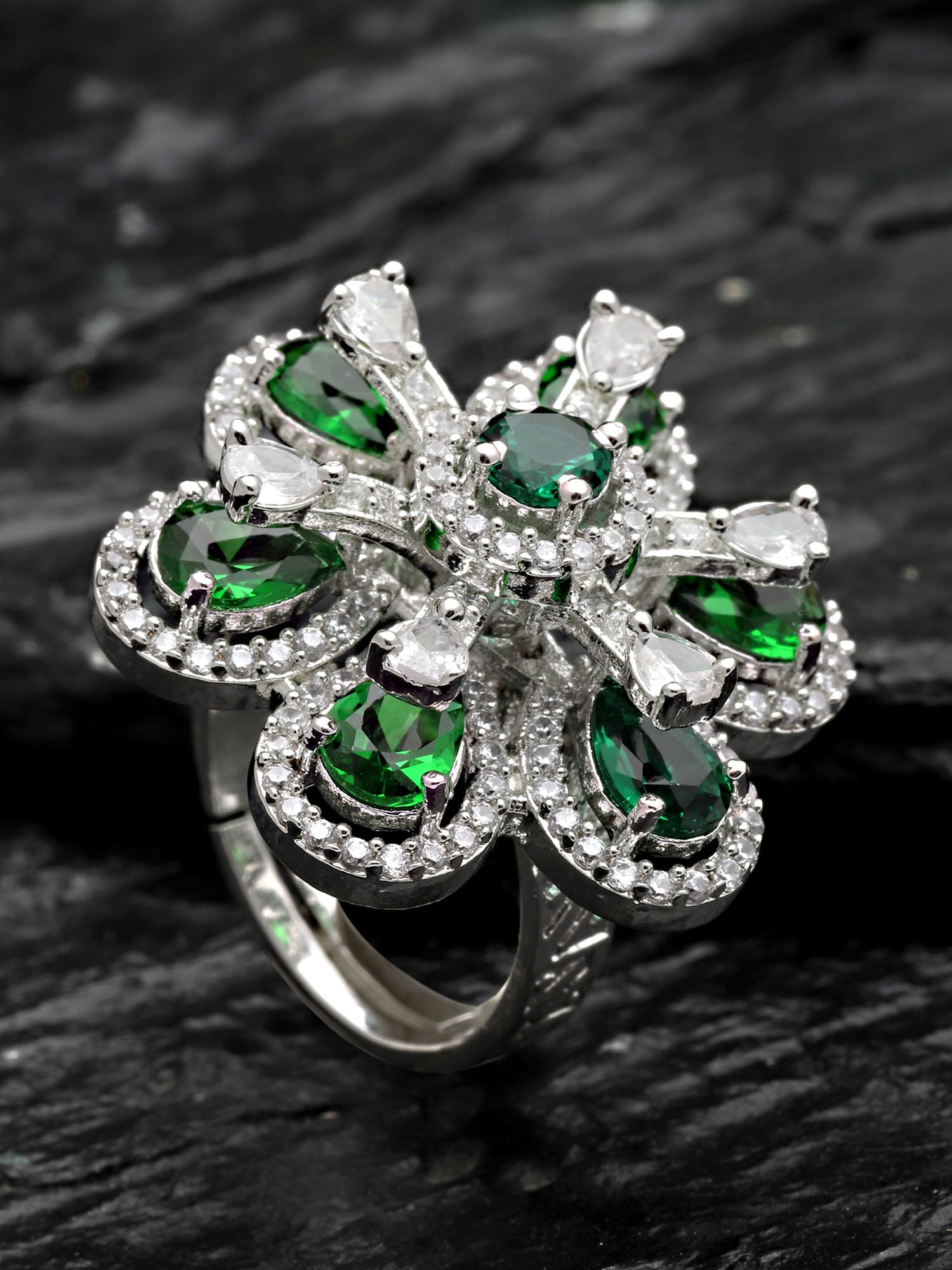 Karatcart Green Cubic Zirconia Studded Silver Tone Adjustable Ring for Women