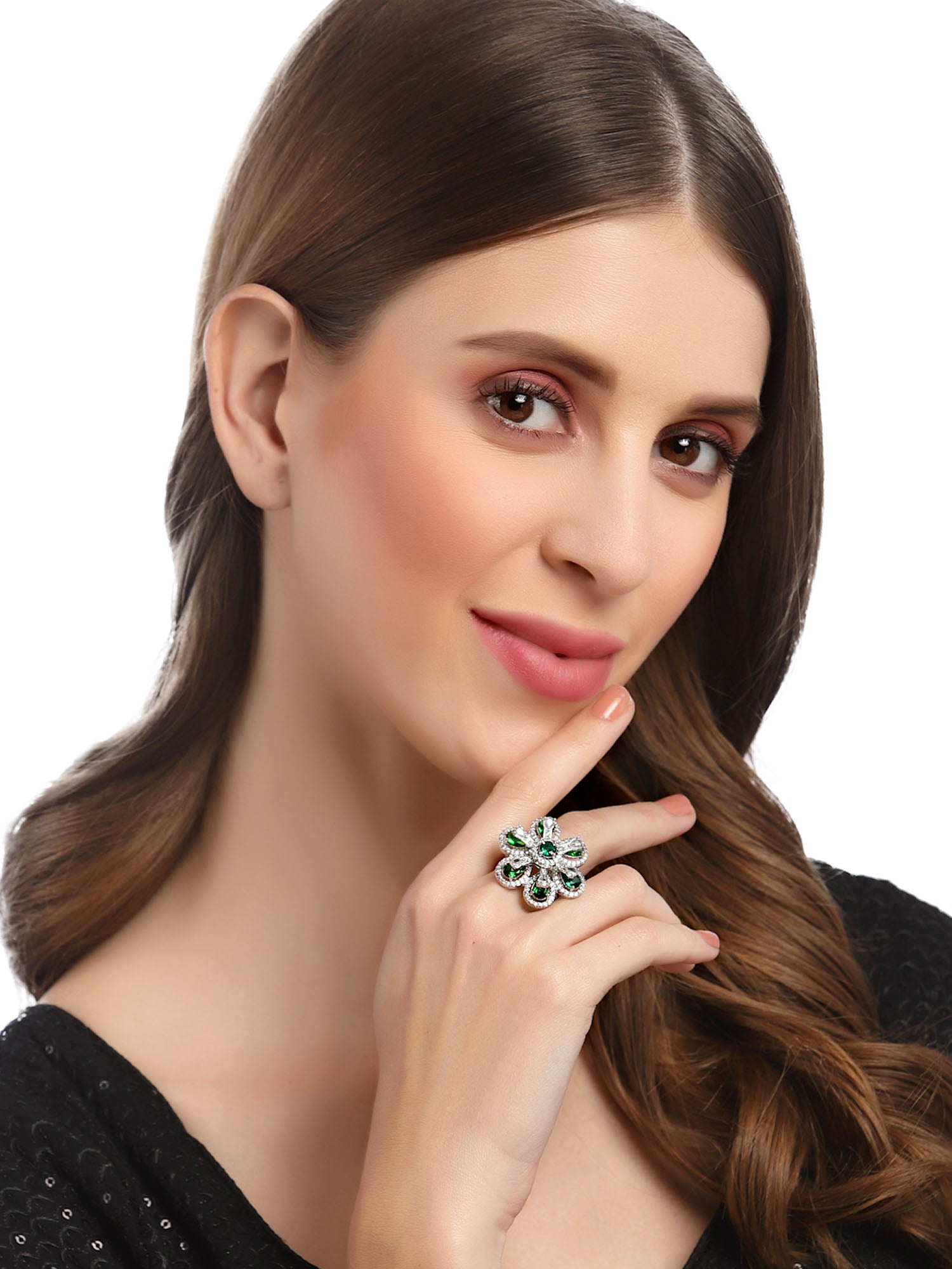 Karatcart Green Cubic Zirconia Studded Silver Tone Adjustable Ring for