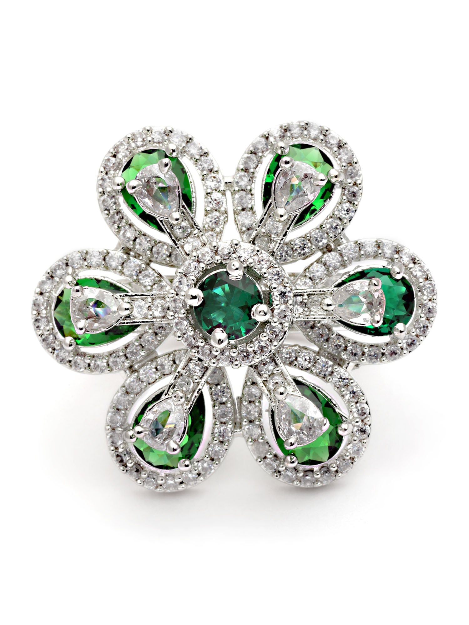 Karatcart Green Cubic Zirconia Studded Silver Tone Adjustable Ring for