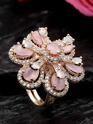 Karatcart Pink Cubic Zirconia Studded Rose Gold Plated Adjustable Ring for Women