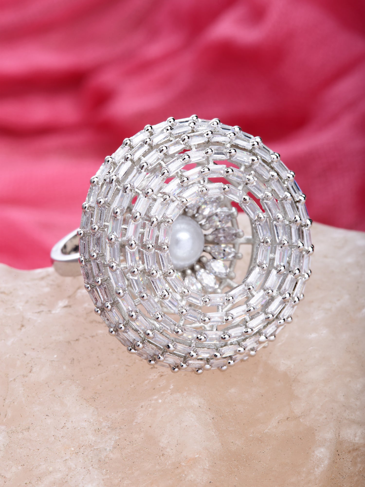 Karatcart Silver Plated Pearl Studded Cubic Zirconia Cocktail Ring for Women