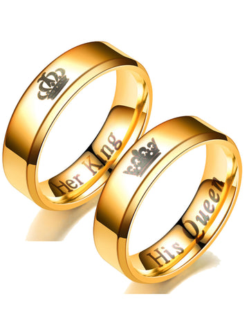 Golden Titanium Elegant King and Queen Couple Band Ring