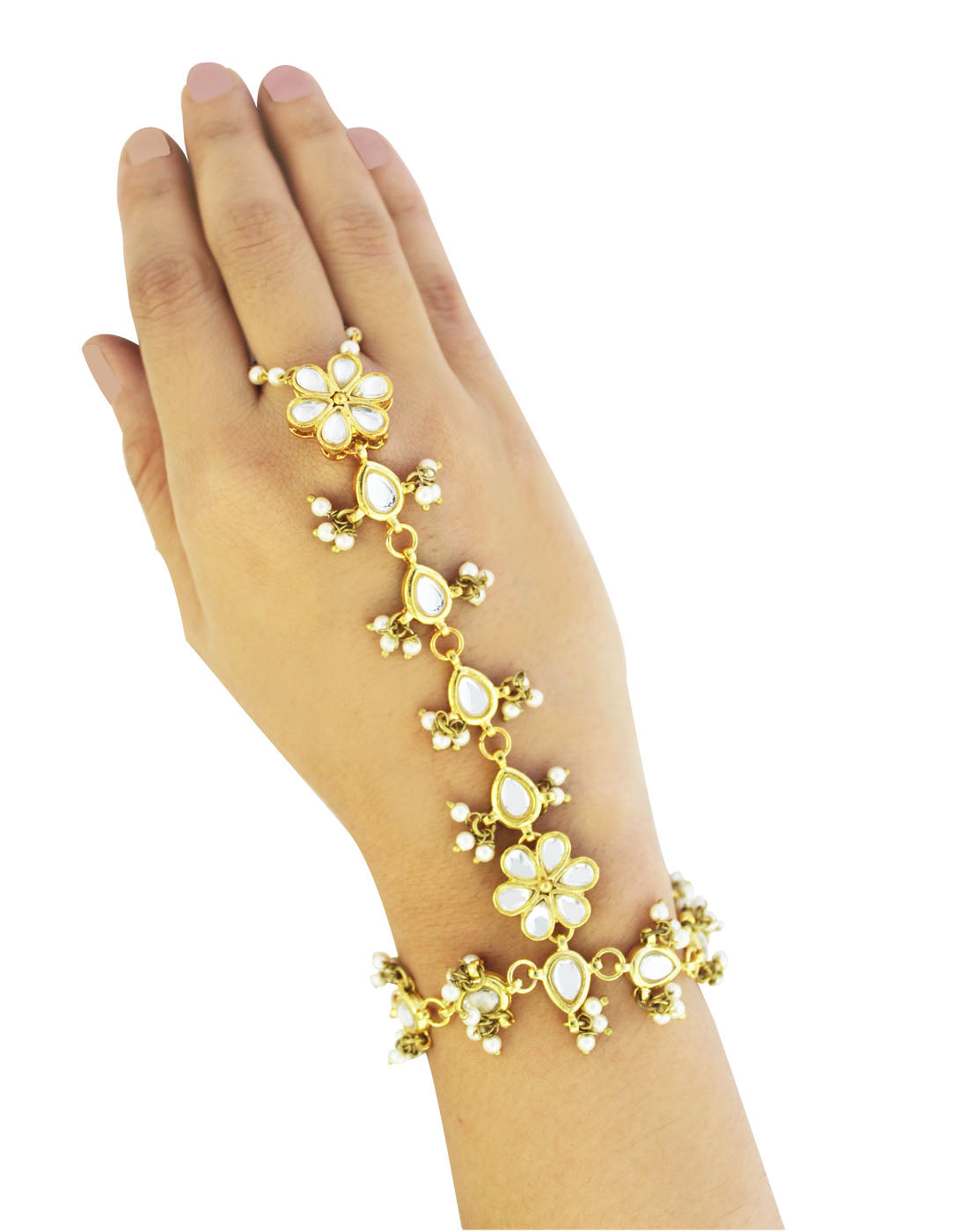 Gold-Plated Kundan Pearl Chain Hathphool with Tassel Beads | Bridal ...
