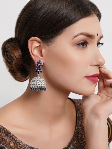 Karatcart Silver Plated Blue & White American Diamond Studded Jhumkas Earrings