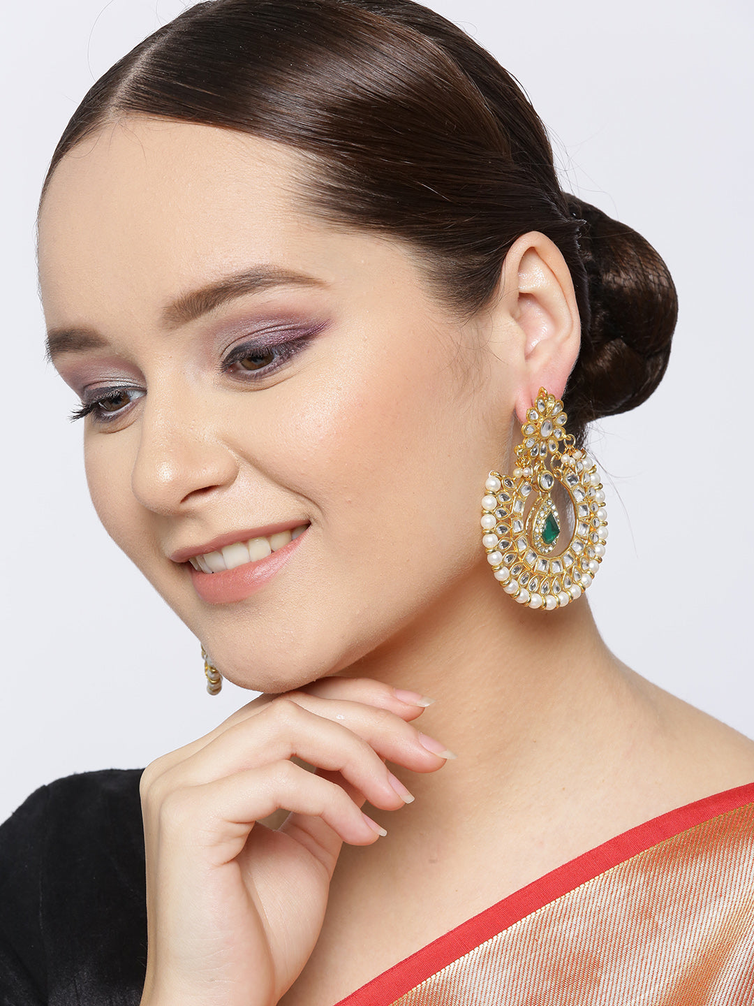 Kundan Green Stone Chandbali Earrings - view 3