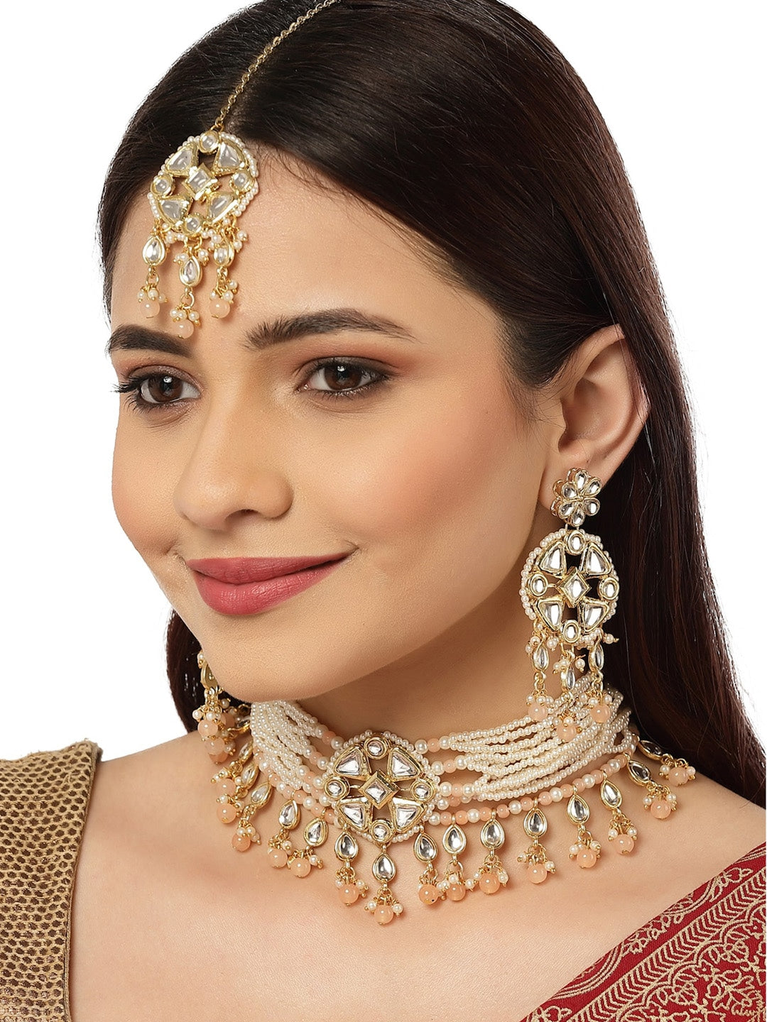 Women Gold Plated Peach Beads Studded Kundan Choker Necklace Set