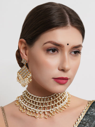 Gold-Plated White Kundan-Studded Jewellery Set