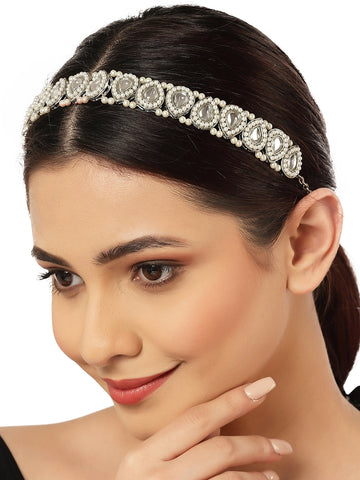 Women White & Silver-Toned Oxidised Kundan Studded Hairband