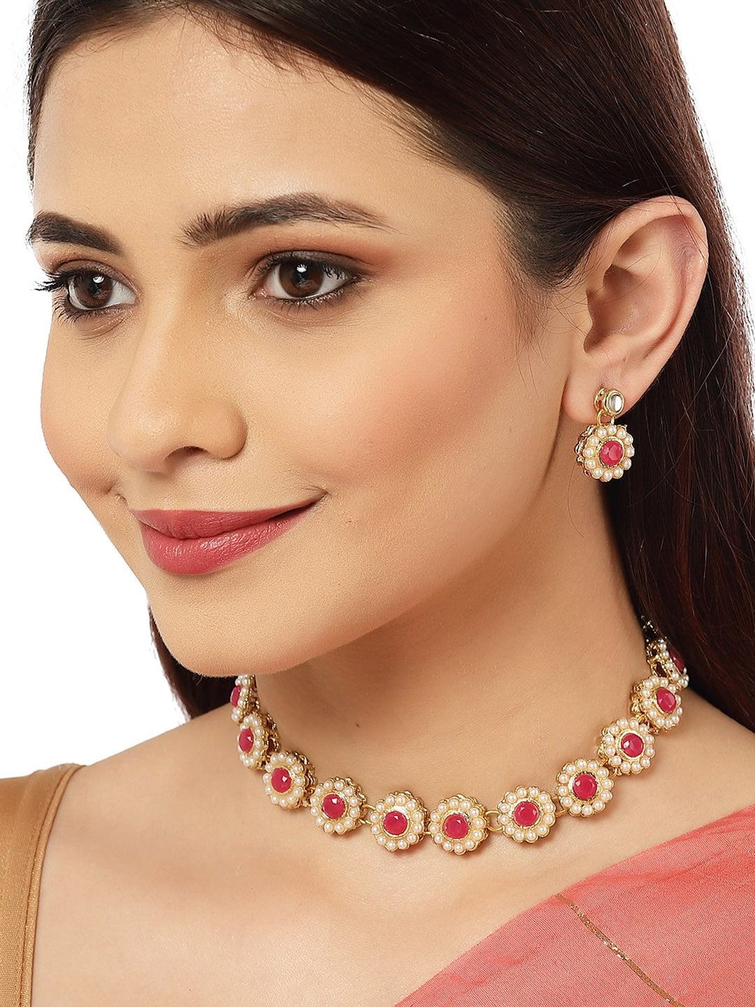 Gold Plated Red Kundan-Studded Jewellery Set