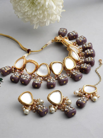 Gold-Plated White Kundan Polki Studded Beaded Jewellery Set