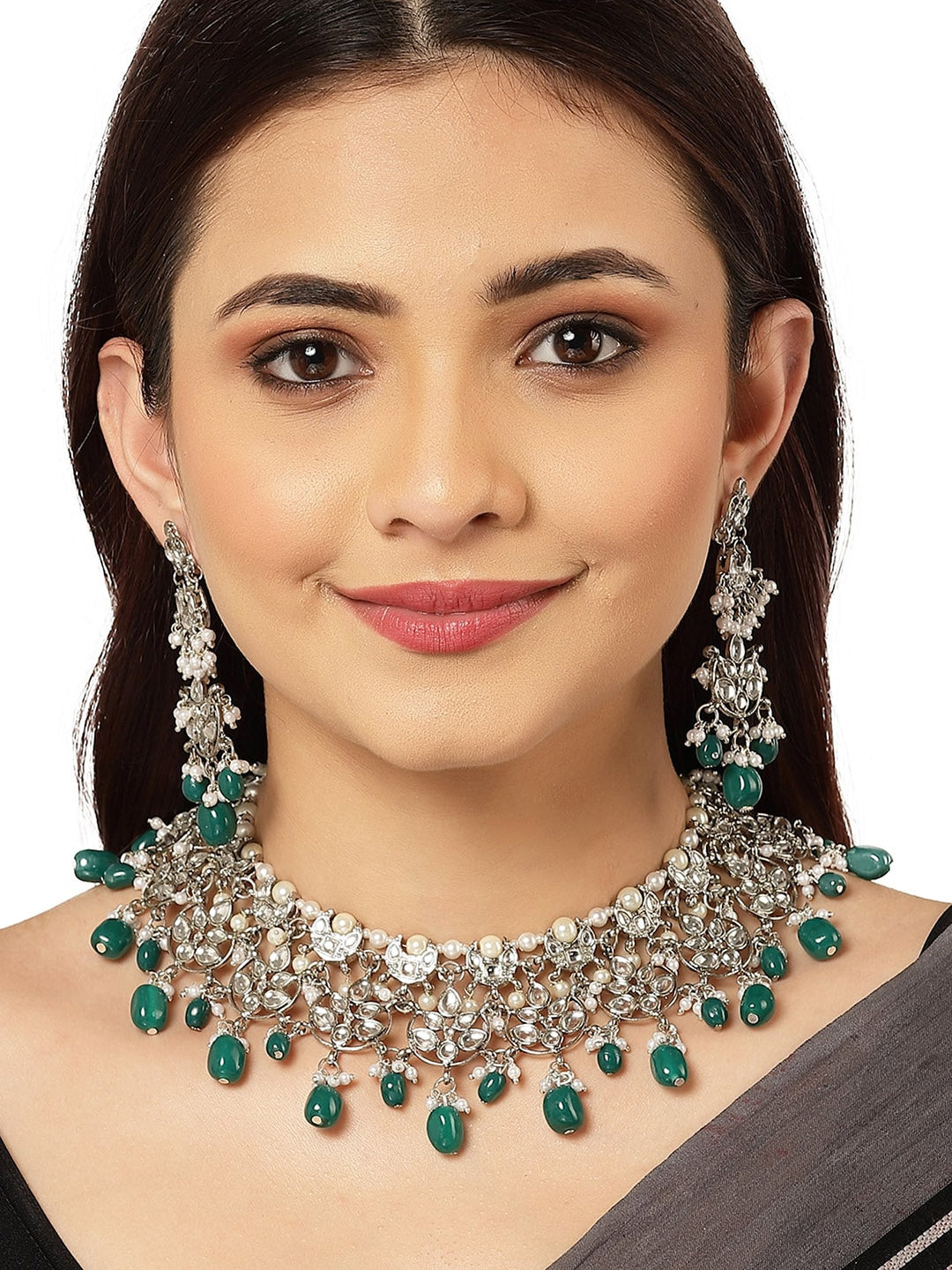 Silver-Plated Green Beaded Kundan Studded Jewellery Set