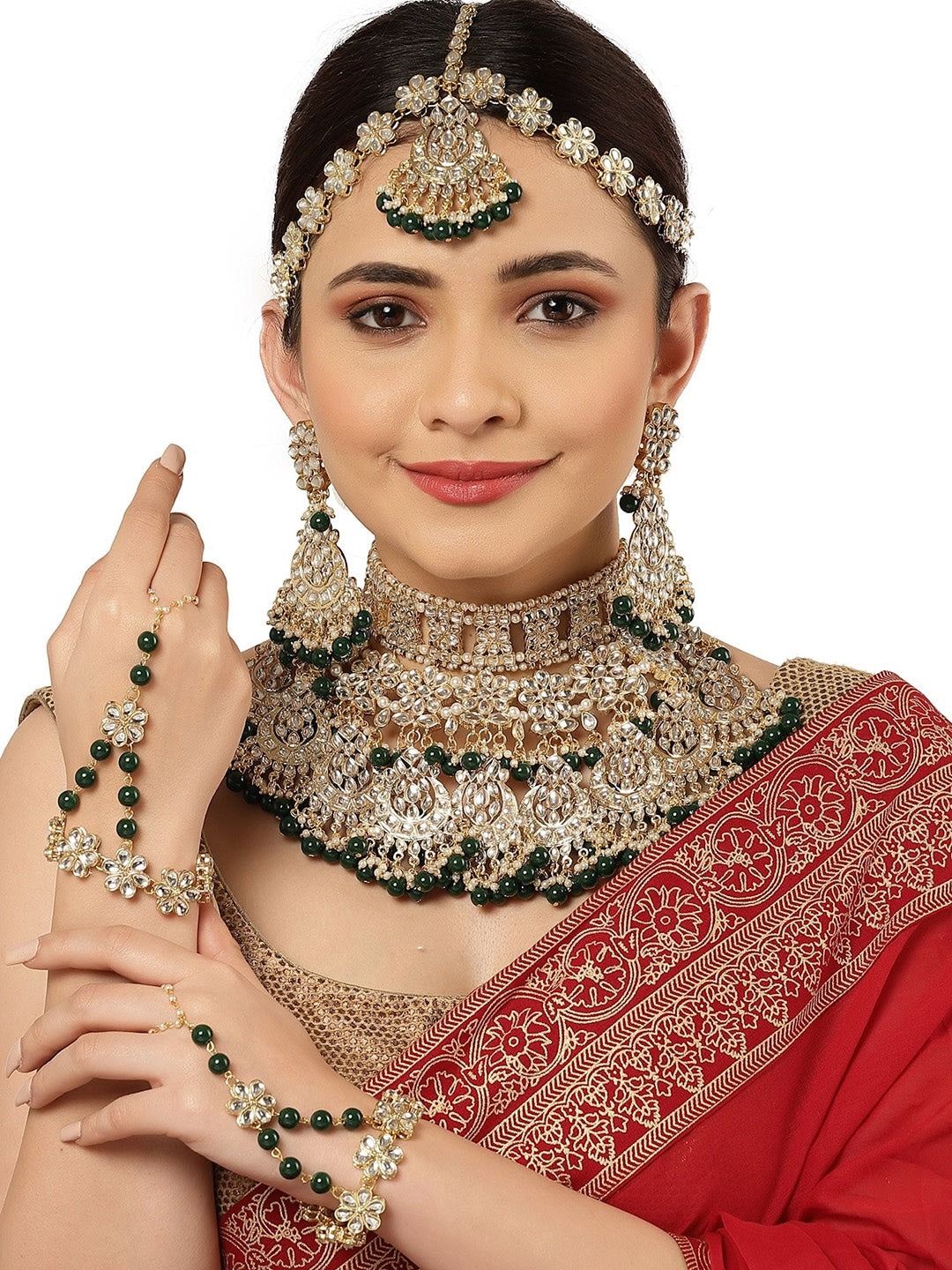 Gold-Plated Green & White Kundan Stone-Studded & Beaded Bridal Jewellery Set