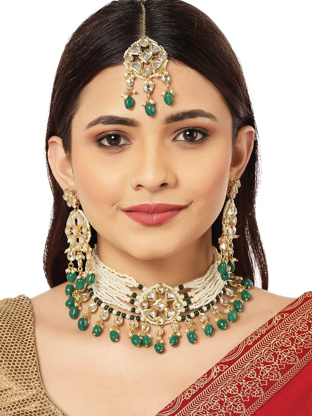 Women Gold Plated Green Tumble Studded Kundan Choker Necklace Set